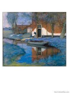 a painting of a boat sitting on the water next to a building and trees in front of it