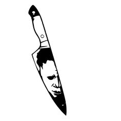 a black and white drawing of a knife with a man's face on it