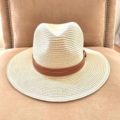 Soft Shaped Straw Hat In Apricot/Cream Color With Faux Brown Leather Band. Straw And Faux Leather. Panama Style. Fits Up To 22” With Inner Straps To Fit Smaller. Tags: Summer Spring Vacation Resort Festival Concerts Barbiecore Mermaid Mermaidcore Beach Coastal Cowgirl Music Fun Cream Straw Hat For Spring Travel, Casual Beige Straw Hat, Casual Everyday Beige Straw Hat, Everyday Beige Fedora Straw Hat, Chic Cream Fedora Sun Hat, Beige Summer Straw Hat For Everyday, Chic Cream Straw Hat For Vacation, Cream Wide Brim Sun Hat For Everyday, Everyday Cream Wide Brim Sun Hat