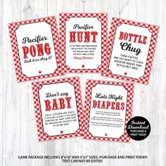 four red and white checkered printable baby shower tags with the words, don't