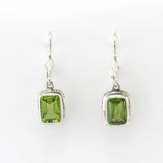 Silver Peridot 5x7mm Rectangle Dangle Bali Earrings Bali Earrings, Peridot Earrings, Peridot Gemstone, Silver Work, Ear Wire, Sterling Earrings, Bezel Setting, Fashion Earrings, Sterling Silver Earrings