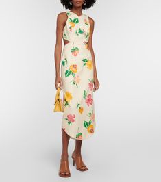 Cutout linen floral midi dress in multicoloured - Alemais | Mytheresa Chic Linen Floral Print Dress, Summer Linen Midi Dress With Floral Print, Vacation Linen Dresses With Floral Print, Floral Print Linen Dresses For Brunch, Spring Floral Print Linen Dress For Garden Party, Vacation Linen Dress With Floral Print, Floral Print Linen Dress For Spring Garden Party, Floral Linen Dress For Vacation, Fitted Floral Print Linen Midi Dress