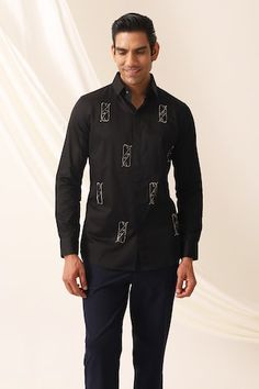 Black button down shirt with intricate motif embroidery. - Aza Fashions Men Shirts Casual, Motif Embroidery, Black Button Down Shirt, Shirts Black, Men Shirts, Black Button, Embroidered Shirt, Shirt Men, Aza Fashion