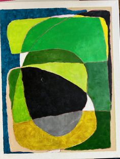 an abstract painting with green, yellow and black colors on it's paper backing