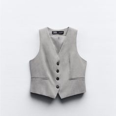 V-Neck Vest. False Front Welt Pockets. Front Button Closure. Color: Gray Size Small Outer Shell 62% Polyester 33% Viscose 5% Elastane Lining 100% Polyester Tailored Waistcoat, Gray Vest, Grey Vest, Jean Vest, Grey Jeans, Zara Jackets, Vest Top, Zara Tops, Womens Vest