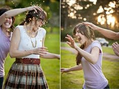 two women are throwing confetti on each other in the park at sunset or dawn