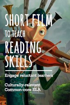 a cartoon character holding a violin with the text short film to teach reading skills engage reluctant learn culturally relevant common - core ela