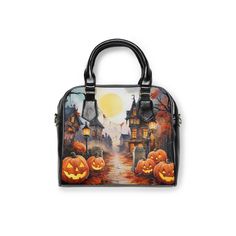 Halloween Town - Premium Handbag 9.45" x 8.27" Black Halloween Shoulder Bag Gift, Halloween Gift Shoulder Bag, Gift Shoulder Bag With Adjustable Double Handle, Gift Shoulder Bag With Double Adjustable Handle, Halloween Satchel Shoulder Bag With Adjustable Strap, Black Zipper Closure Shoulder Bag For Halloween, Artistic Travel Shoulder Bag With Adjustable Strap, Artistic Satchel Shoulder Bag For Travel, Artistic Satchel Shoulder Bag For Daily Use