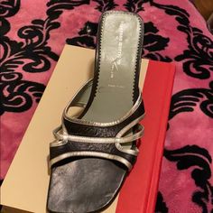 Black / Silver Metal Kitten Heeled Slide Silver Slip-on Party Mules, Silver Slip-on Mules For Formal Occasions, Silver Cushioned Slip-on Sandals, Morrison Shoes, Black Slip-on Mules With Metal Feet, Synthetic Buckle Closure Slip-on Slides, Women's Shoes Sandals, Black Silver, Kitten Heels