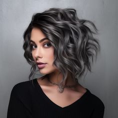 Grayish Hair Color, Medium Grey Haircuts, Gray And Silver Highlights On Black Hair, Dark Brown Hair With Highlights To Cover Gray, Black To Grey Ombre Hair Short, Hair Color With Gray Highlights, Blending Greys Into Black Hair, Dark And Grey Hair, Gray Roots Blending Black Hair