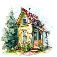 a watercolor painting of a small house