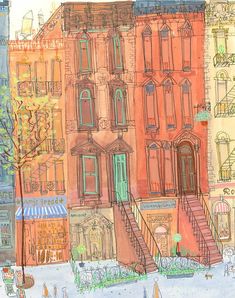 this is an image of a painting of buildings in new york city, with stairs leading up to them