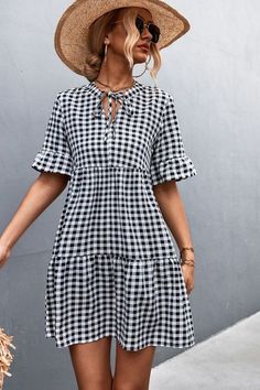 Plaid Tie Neck Tiered Dress Spring Plaid Lined Dress, Gingham Fitted Dress For Vacation, Fitted Gingham Dress For Vacation, Lined Plaid Summer Dress, Lined Plaid Dress For Summer, Summer Plaid Lined Dress, Lined Plaid Dress For Picnic, Plaid Lined Dress For Picnic, Casual Plaid Dresses For Vacation