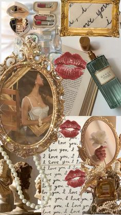 an assortment of vintage items including lipstick, perfume bottles and framed pictures are shown in this collage