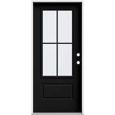 a black front door with three panes