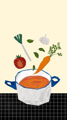 carrots, tomatoes and garlic are being tossed into a pot with tomato sauce on the side