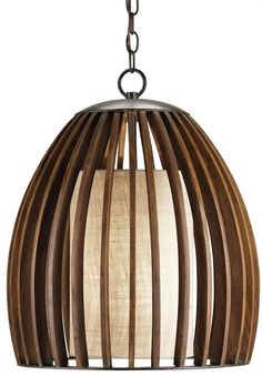 a wooden light fixture hanging from a chain