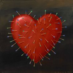 a painting of a red heart with pins sticking out of it's center, on a black background