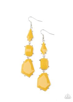 Varying in shape, imperfectly faceted yellow beads are encased in studded silver frames as they delicately link into a colorful lure. Earring attaches to a standard fishhook fitting. All Paparazzi Accessories are lead free and nickel free! Sold as one pair of earrings. Faceted Yellow Earrings For Gifts, Cheap Vibrant Yellow Earrings, Cheap Handmade Yellow-colored Earrings, Playful Yellow Drop Earrings, Yellow Teardrop Faceted Earrings, Nickel Free Jewelry, Yellow Jewelry, Silver Frames, Yellow Earrings