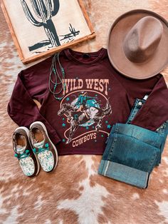 These will fit as a crop and a bit oversized Raw hem style and thicker 60% Cotton 40% Polyester Model wears a small and is a size 4/6 and 5'8" Recommended Sizing: Small - 2/4/6 Medium - 8/10 Large - 12/14 Wild West Cowboys, Crop Sweater, Hem Style, Wild West, Cropped Sweater, Western Fashion, Personal Style, Size 4, My Style