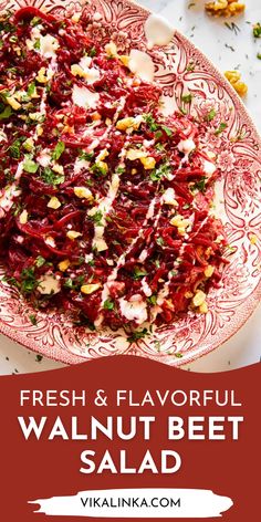 fresh and flavorful walnut beet salad on a red plate with text overlay