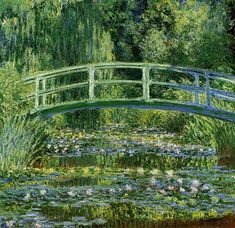 a painting of a bridge over a pond of water lilies