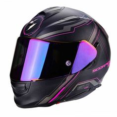 a motorcycle helmet on a white background with pink and blue highlights in the visor