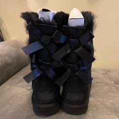 Ugg Women’s Twinface And Suede Bailey Bow Ii Boots In Black With Dual Silky Fixed Bows In Back, Sheepskin Insoles And Treadlite By Ugg Outsoles. Shaft Hight 7.5”. Worn Once! Black Bailey Bow Uggs, Bow Uggs, Bailey Bow Uggs, Shoes Ugg, Bailey Bow, Womens Uggs, Ugg Shoes, Bootie Boots, Ankle Boots