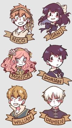 six different anime characters with ribbons around their heads and the names of them on them