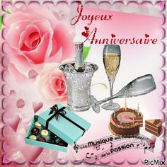 a pink rose and two champagne flutes are in front of an anniversary card with the words joueur anniveristee