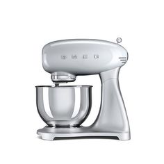 an image of a silver mixer on a white background with the word smeg above it