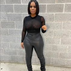 Black Mock Neck Sheer Bodysuit. A Color You Will Never Go Wrong With. Sheer Bodysuit Outfit, Long Sleeve Bodysuit Outfit, Black Sheer Bodysuit, Leather Leggings Fashion, Bodysuit Outfit, Sheer Jacket, Pretty Pregnant, Scoop Neck Bodysuit, Black Mock Neck