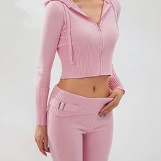 Two Piece Sweater Set Pink Two Piece Sweater Set, High Waisted Shorts Outfit, Y2k Long Sleeve, Future Mom, Sports Apparel, Knit Hoodie, Sweater Set, Knit Pants, Pink Outfit