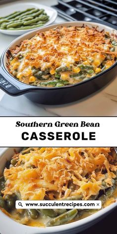 southern green bean casserole with cheese on top and in a white baking dish