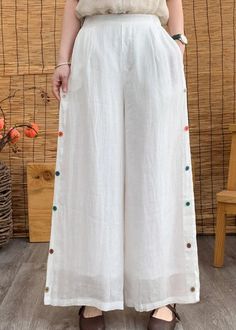 Spring Patchwork Wide Leg Pants, White Patchwork Long Pants, Casual White Patchwork Bottoms, Casual White Patchwork Pants, Casual White Bottoms With Patchwork, Summer Patchwork Ankle-length Pants, Summer Ankle-length Patchwork Bottoms, White High Waist Patchwork Pants, High-waist White Patchwork Pants