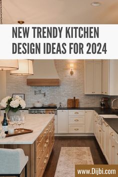 a kitchen with white cabinets and beige countertops is featured in the new trendy kitchen design ideas for 2021