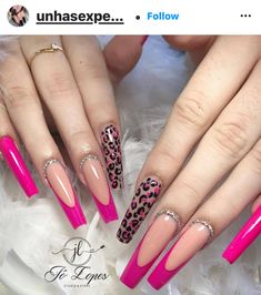 Nails Patygirl, Buchonas Nails, Nails Ideas Coffin, Pink Leopard Nails, Accent Nail Designs, Spring Acrylic Nails, Punk Nails, Dope Nail Designs