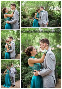 a man and woman are posing for pictures in the woods with their arms around each other