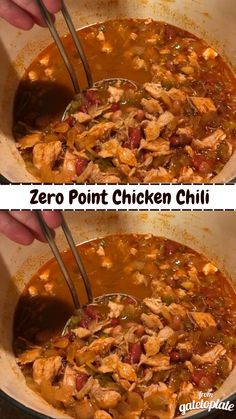 two pictures showing how to make the best chicken chili recipe in one pot with tongs