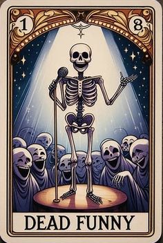 a tarot card with a skeleton holding a stick in it's hand, surrounded by other skeletons