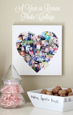 a photo collage in the shape of a heart is displayed next to a bowl of candy