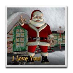 a santa clause standing in front of a house with the words i love you written on it