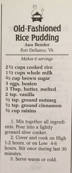 an old fashioned rice pudding recipe is shown in the menu for it's ingredients