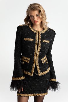 Miranda Crop Jacket (Yellow) – Nana Jacqueline Black And Gold Fabric, Stiff Shoulder, Weaving Fabric, Hair Cuffs, Mode Chanel, Tweed Skirt, Suit Up, Gold Fabric, Retro Vibe