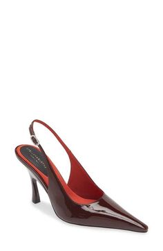 A sculptural heel balances the dramatic pointy toe of this sleek slingback pump crafted of the label's high-quality faux leather with a patent sheen. 3 1/2" (90mm) heel Adjustable slingback strap with buckle closure Synthetic and recycled-textile upper/synthetic lining/synthetic and recycled-rubber sole Made in Italy Designer Shoes Designer Slingback Pumps With Pointed Toe For Evening, Modern Pointed Heels For Formal Occasions, Modern Pointed Heels For Formal Events, Modern Patent Leather Slingback Pumps With Closed Toe, Fitted Patent Leather High Heel Slingback Pumps, Fitted Patent Leather Slingback High Heels, Modern Patent Leather Slingback Pumps, Modern Patent Leather Closed Toe Slingback Pumps, Designer Slingback Pumps With 4-inch Heel And Pointed Toe