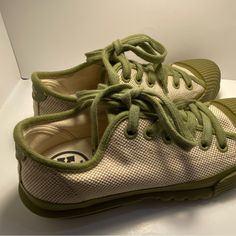 Great Pair Of Tory Burch Sneakers.. Only Worn Once! Comfortable Green Lace-up Canvas Shoes, Comfortable Low-top Green Walking Shoes, Green Lace-up Canvas Shoes With Gum Sole, Green Canvas Shoes With Laces, Green Canvas Sneakers Comfortable Style, Green Canvas Shoes With Rubber Sole And Flat Heel, Green Canvas Shoes With Flat Rubber Sole, Green Canvas Shoes With Rubber Sole, Green Lace-up Walking Shoes