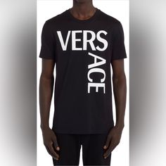 Versace Split Logo Cotton Tee In Black And Size Small Details & Care Logo Letters Take A Bold Turn On An Italian Cotton Tee That Looks Stylish From Any Angle. 27 1/2" Length (Size Medium) Crewneck Short Sleeves 100% Cotton Hand Wash, Dry Flat Imported Men's Designer Clothing About Versace Founded In 1978, Gianni Versace S.P.A. Is One Of The Leading Global Fashion Design Houses. Under The Artistic Direction Of Donatella Versace Since 1997, Versace Designs And Manufactures Fashion And Lifestyle Pr Black Designer Logo Crew Neck Top, Black Crew Neck Tops With Designer Logo, Black Crew Neck Top With Designer Logo, Designer Black T-shirt For Summer, Designer Black T-shirt With Monogram Print, Luxury Black Tops With Logo, Black Luxury Tops With Logo, Luxury Black Top With Logo, Black Short Sleeve Tops With Signature Print