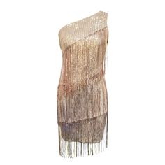 This luxury One-Shoulder Tassels & Sequins Mini Dress will make you look stunningly glamorous. The gold-hued bodycon design and ornate tassels and sequins bring out the effortless beauty in you. A perfect embodiment of class and glamour. Fit Type: Slim Fit Fabric: Slight Stretch Material: Polyester Gold Sequined Mini Dress For Evening Wear, Festive Gold Cocktail Mini Dress, Glamorous Mini Dress With Tassels For Party Season, One Shoulder Gold Mini Dress For Party Season, Gold One-shoulder Mini Dress For Party Season, Gold Sequin Summer Flapper Dress, Gold Sequin Flapper Dress For Summer, Gold Flapper Dress For Party, Gold Fringe Dress For Party Season