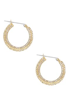 Plated in gleaming 18-karat gold and set by hand with tiny pavé crystals, these hoop earrings bring a bit of classic glamour to both day and evening looks. Style Name:Ettika Crystal Embellished Hoop Earrings. Style Number: 6025817. Available in stores. Glamorous Round Hoop Earrings With Diamond Accents, Glamorous Gold Hoop Earrings With Bling, Gold Small Hoop Crystal Earrings, Glamorous Hoop Earrings With Sparkling Stones, Gold Small Hoop Earrings With Bling, Gold Rhinestone Hoop Earrings, Gold Hoop Earrings With Pave Setting, Gold Dazzling Hoop Earrings With Pave Setting, Sparkling Gold Small Hoop Huggie Earrings