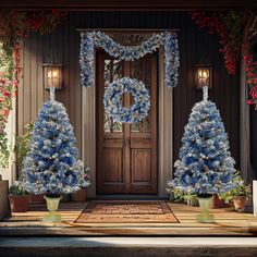 two blue christmas trees in front of a door